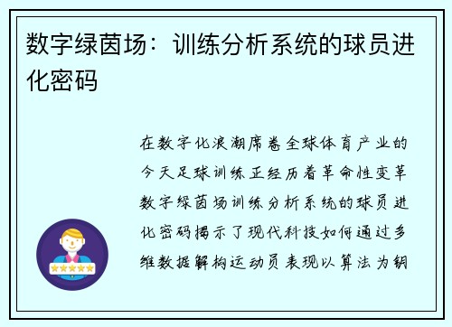 数字绿茵场：训练分析系统的球员进化密码