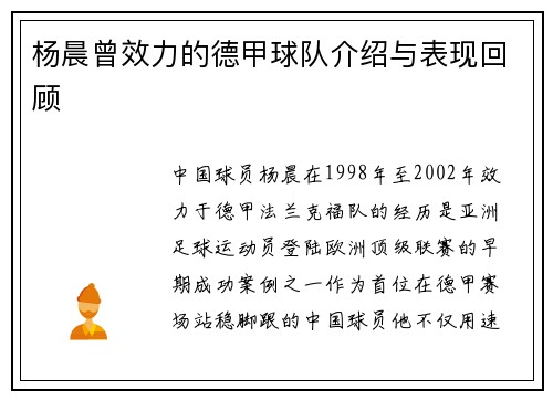 杨晨曾效力的德甲球队介绍与表现回顾
